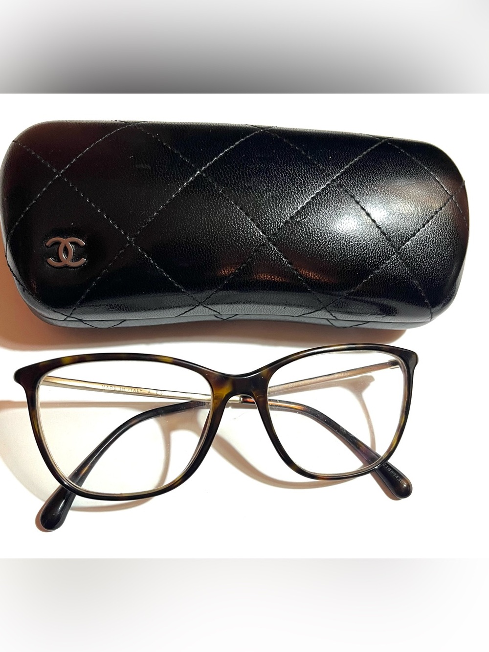 Chanel Tortoise Shell Eyeglass Frames with Quilted Logo Hard Shell Case